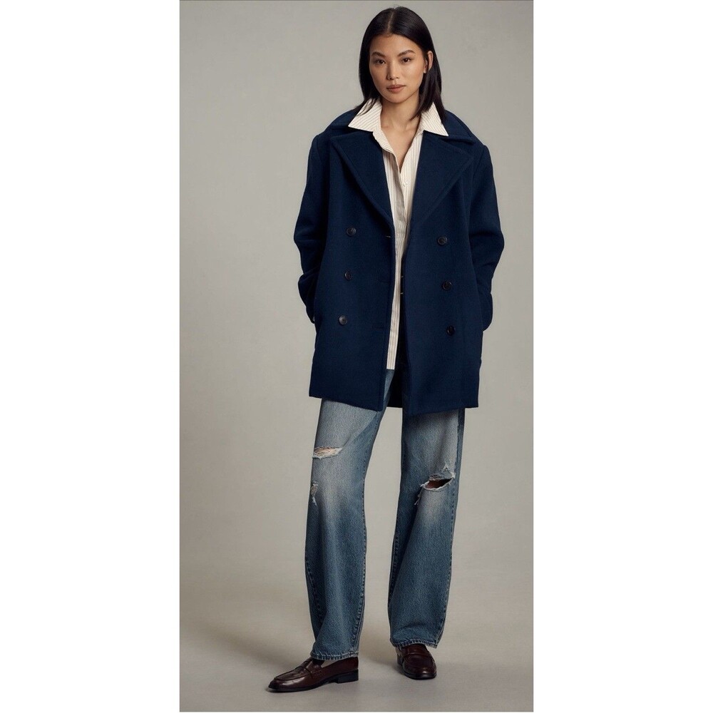 Anthropologie Maeve Coat Women Navy Double Breasted Wool Blend Preppy Large NWT